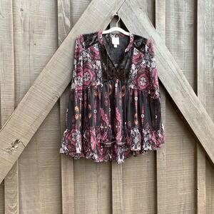 Knox Rose‎ Women's Boho Bell Sleeve Blouse Black Multi Color Medallion Print XS